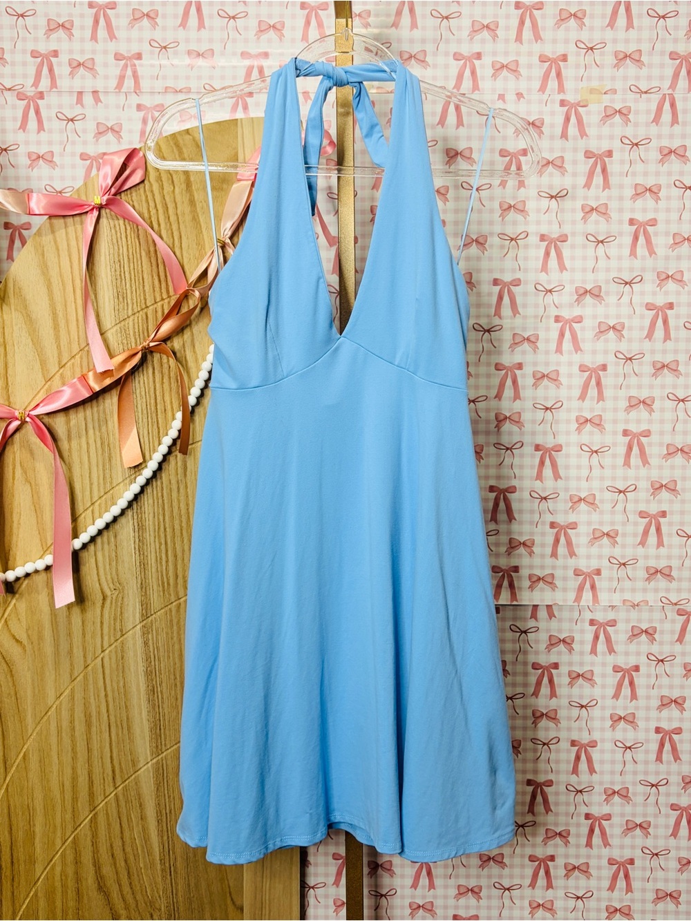 Susana Monaco Light Powder Blue Tie Halter Flare Dress Summer Beach Medium
